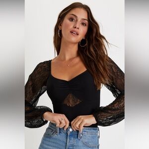 Lulus Sultry Spirit Black Mesh Lace Long Sleeve Bodysuit